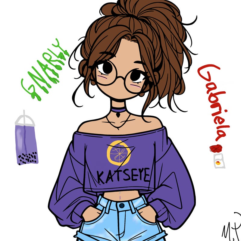 girl with a messy ponytail glasses a baggy crop top and jean shorts