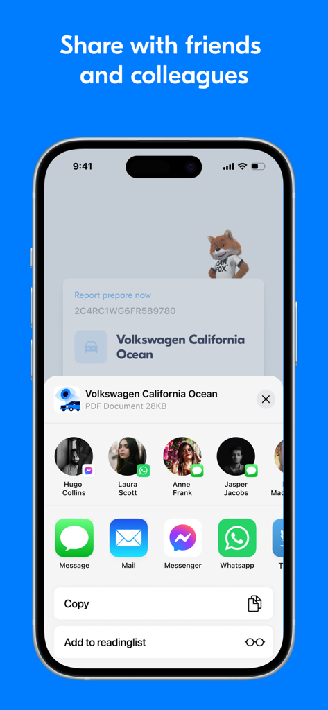 Uma tela do iPhone exibindo as opções de compartilhamento para um relatório de histórico de veículo dentro do aplicativo App Vin.