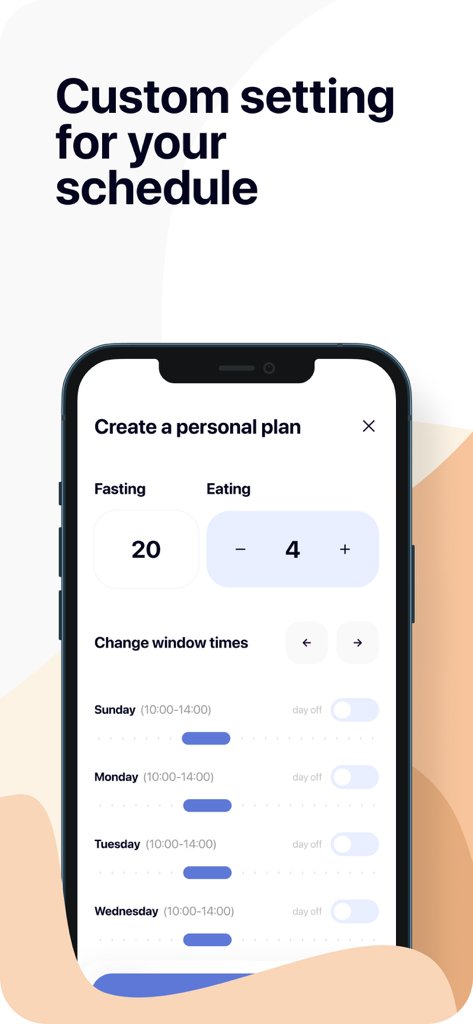 Intermittent Fasting Tracker! - Uma tela de smartphone mostrando a interface do aplicativo Nutry para criar um cronograma pessoal de jejum e alimentação