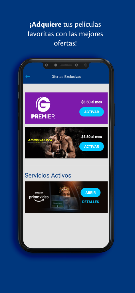 Mi Tigo Honduras - Tela do aplicativo Mi Tigo Honduras exibindo ofertas exclusivas para serviços de streaming como Golden Premier e Amazon Prime Video