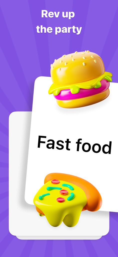 Alias: Party Game - Guess Word - Alias party game card with fast food text and 3D burger and pizza illustrations on a purple background