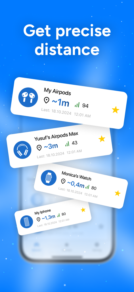 Lost AirPod Finder - Bluescan app screen showing precise distance and signal strength for lost AirPods and Apple Watch