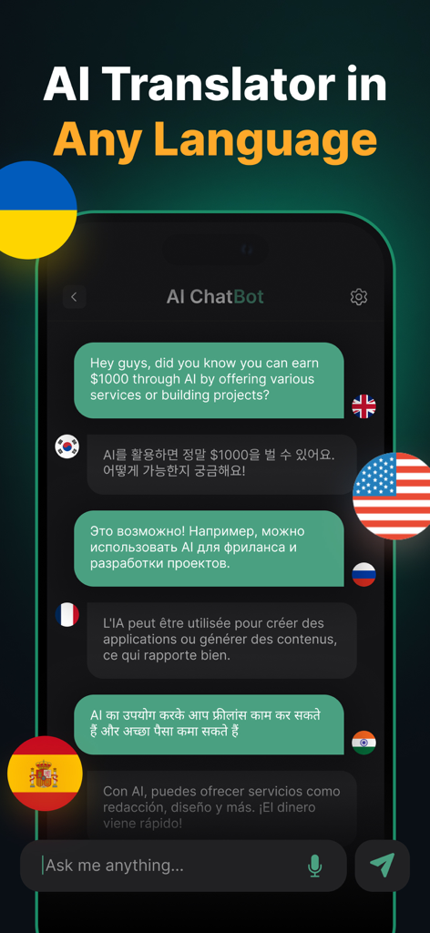 Interface d'application mobile montrant les capacités de traduction IA avec des messages en anglais, coréen, russe, français, hindi et espagnol