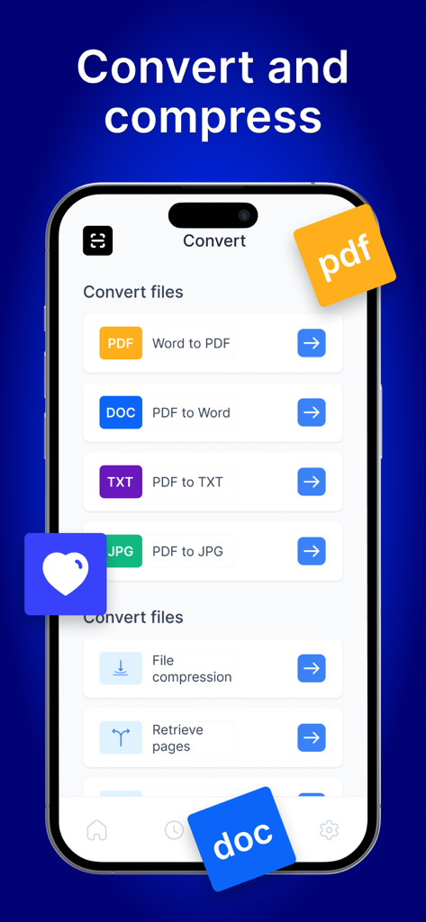 Mobile app interface showing file conversion options from Word to PDF and file compression tools