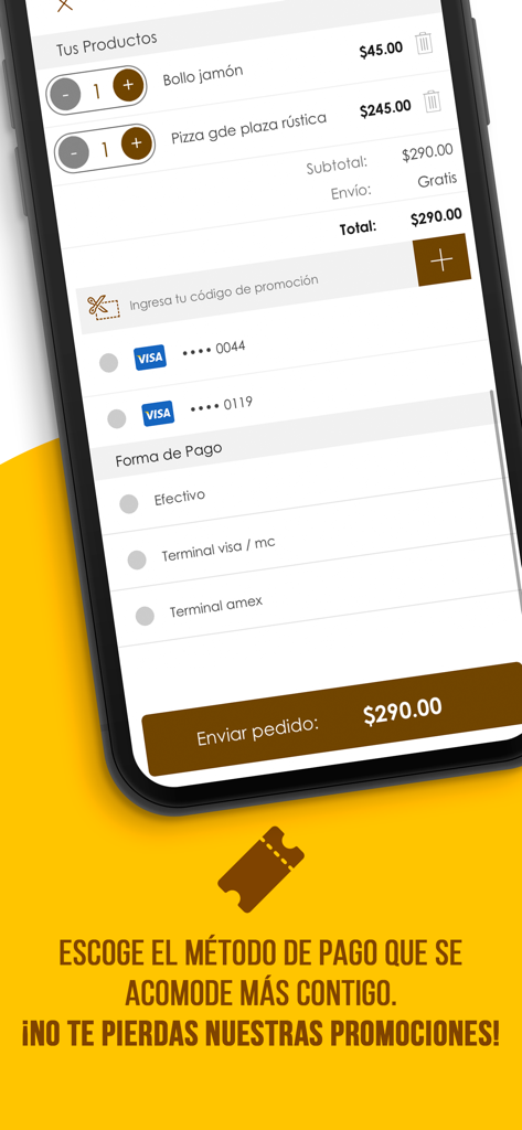 Pizzas Plaza - La pantalla de pago de la aplicación Pizzas Plaza muestra el resumen del pedido y la selección del método de pago.