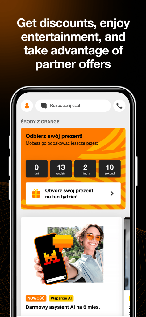 Mój Orange - Pantalla de la aplicación Moj Orange que muestra recompensas semanales y una oferta de asistente de IA gratuito