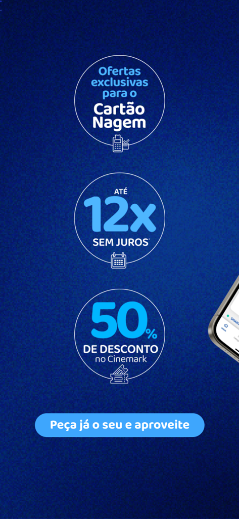 Nagem App - Nagem Card promotional screen with interest free payments and movie ticket discounts