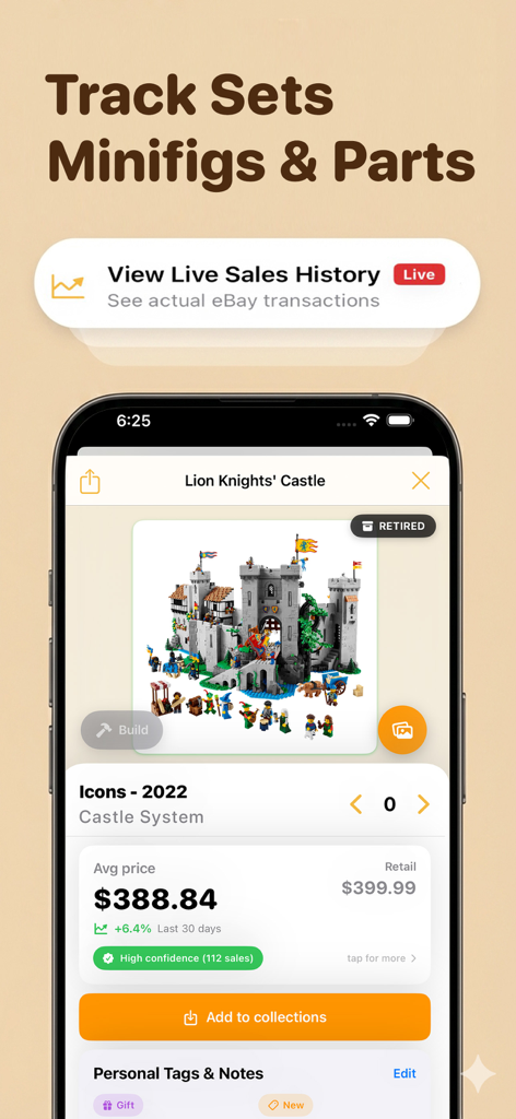 Mobile app screen showing market price and sales history for a LEGO set