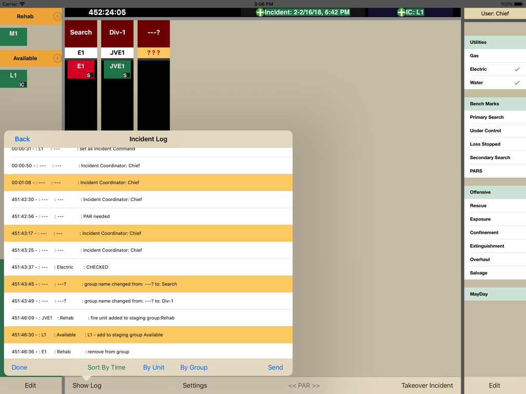 Total Command - Incident log interface showing automated timestamps for tactical decisions and unit status updates