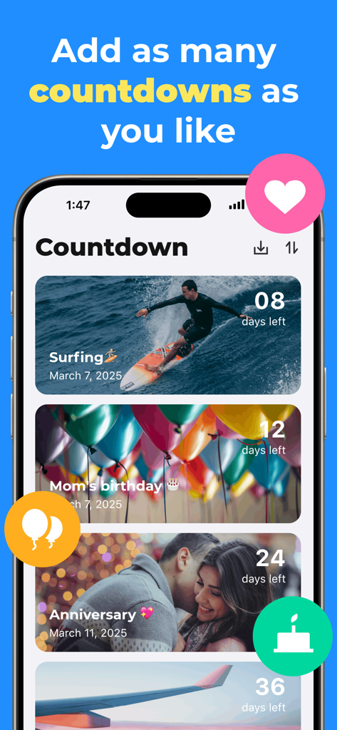Countdown - Countdown Widget - iPhone screen showing a list of personalized countdowns for surfing, birthdays, and anniversaries with custom photo backgrounds.