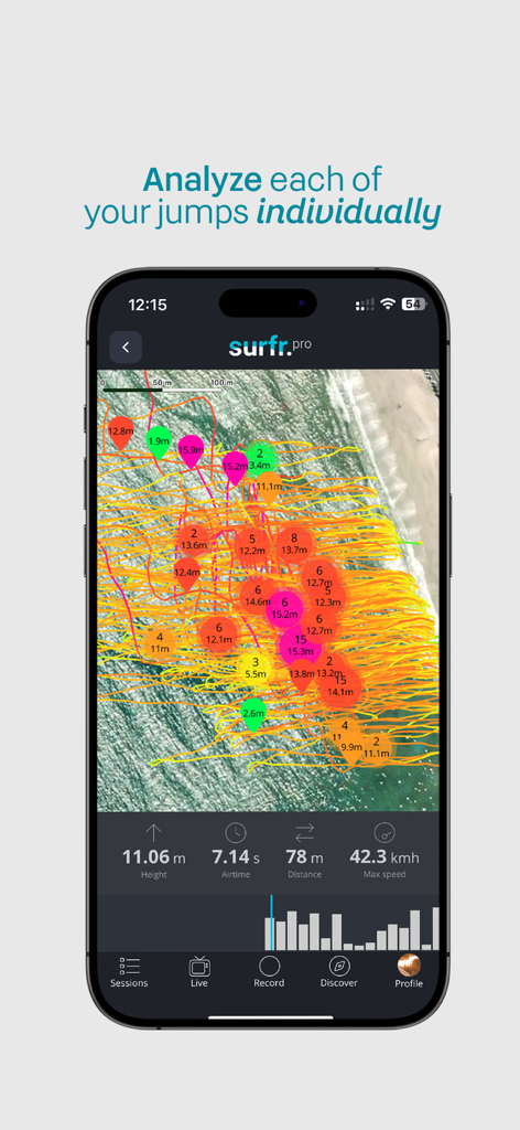 The Surfr. App - A mobile screen showing the Surfr app with a map tracking individual kiteboarding jumps and performance stats like height and airtime.