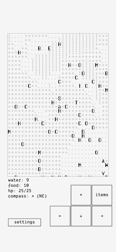 The Ensign - Minimalist ASCII art game map in The Ensign showing exploration grid and character stats