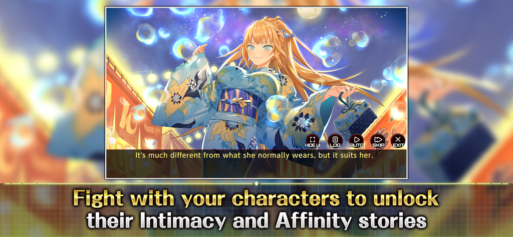 An anime character in a blue kimono from an Action Taimanin affinity story scene