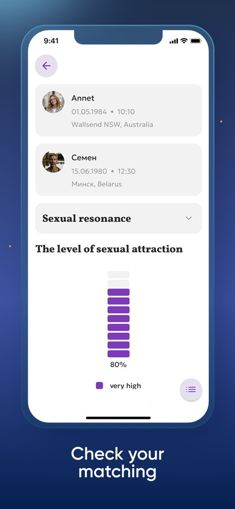 Astrocode: personal horoscope - Interface of the Astrocode app showing a sexual resonance score of 80 percent between two people