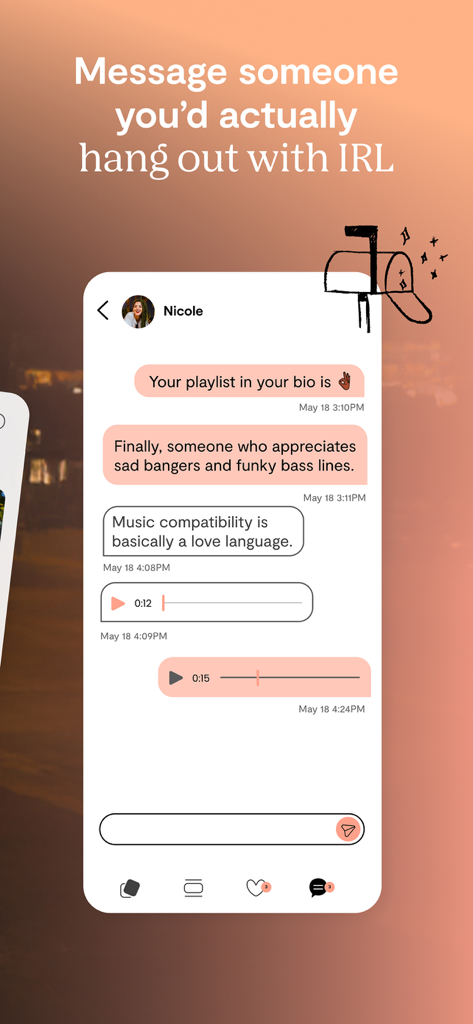 Messaging interface of the Plenty of Fish dating app showing a conversation about music compatibility and voice messages