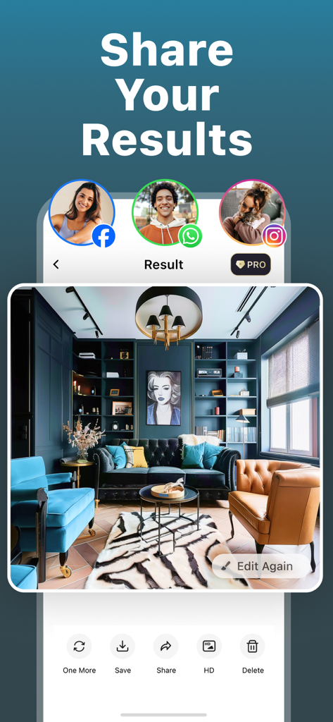 Deko: AI Home Design & Remodel - A screen from the Deko app showing options to share a beautifully designed living room with dark blue walls, a zebra print rug, and stylish furniture on social media.