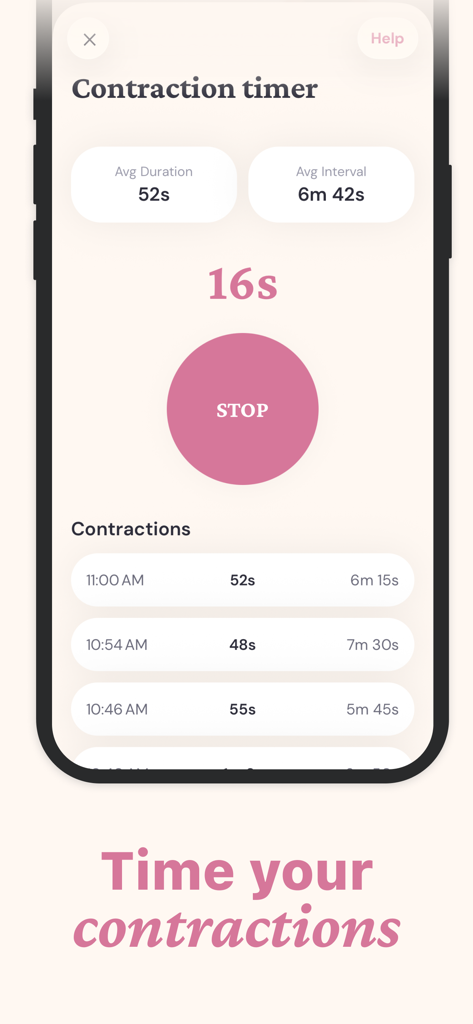 Contraction timer screen in the Baby Lua pregnancy tracker app showing average duration and intervals