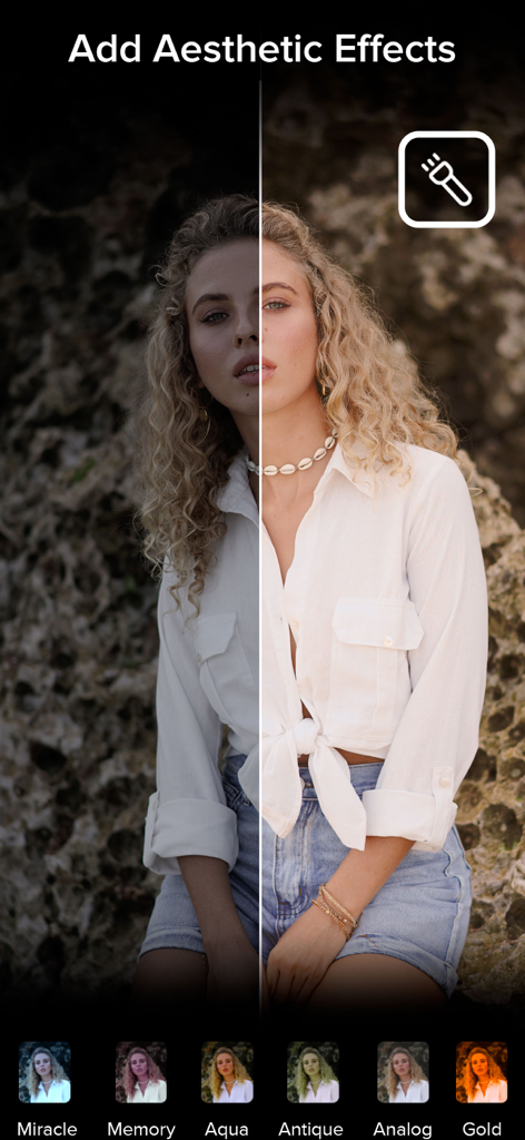 Video Slow Fast Speed Editor - Comparison of aesthetic filters on a video frame showing before and after effects on a girl with curly hair