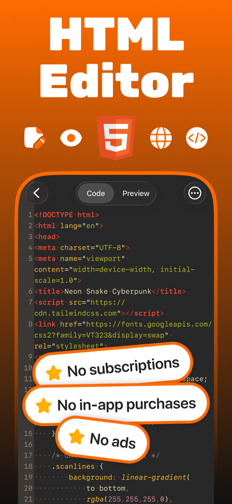 HTML Creator : Editor & Viewer - Mobile code editor interface for HTML Creator app featuring syntax highlighting and ad free experience