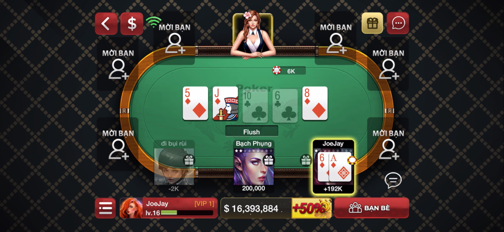 Sanh Rong - Game danh bai - A digital poker table interface in the Sanh Rong mobile app showing cards and player profiles.