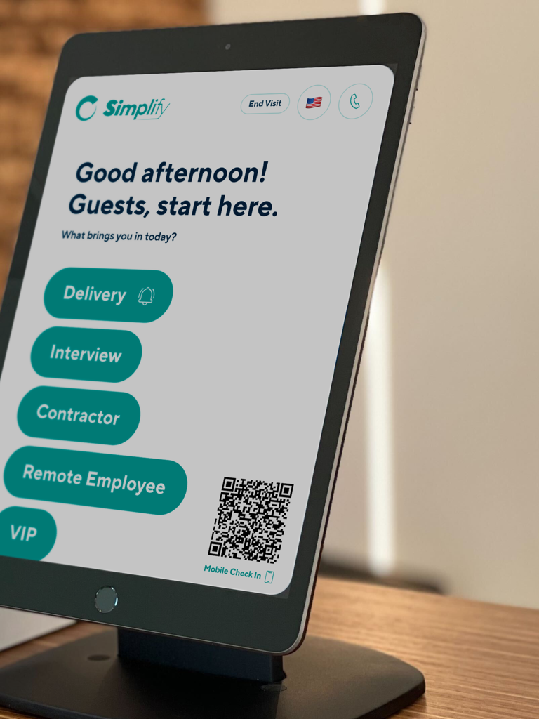 Verkada Guest app on an iPad kiosk showing visitor check in options and QR code