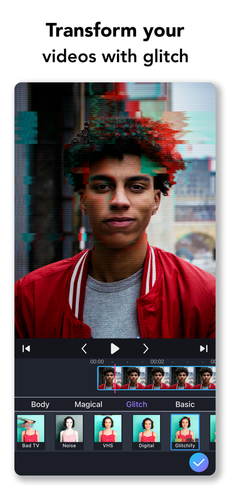 ClipIt - Video Maker & Editor - ClipIt-Videoeditor-Oberfläche, die eine Person mit einem digitalen Glitch-Filter und verschiedenen Bearbeitungswerkzeugen zeigt.