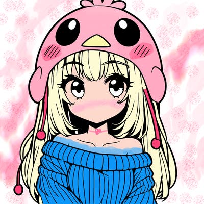 anime girl with chick shaped hat with sweater with bare shoulders with bangs covering them one eye with low tail