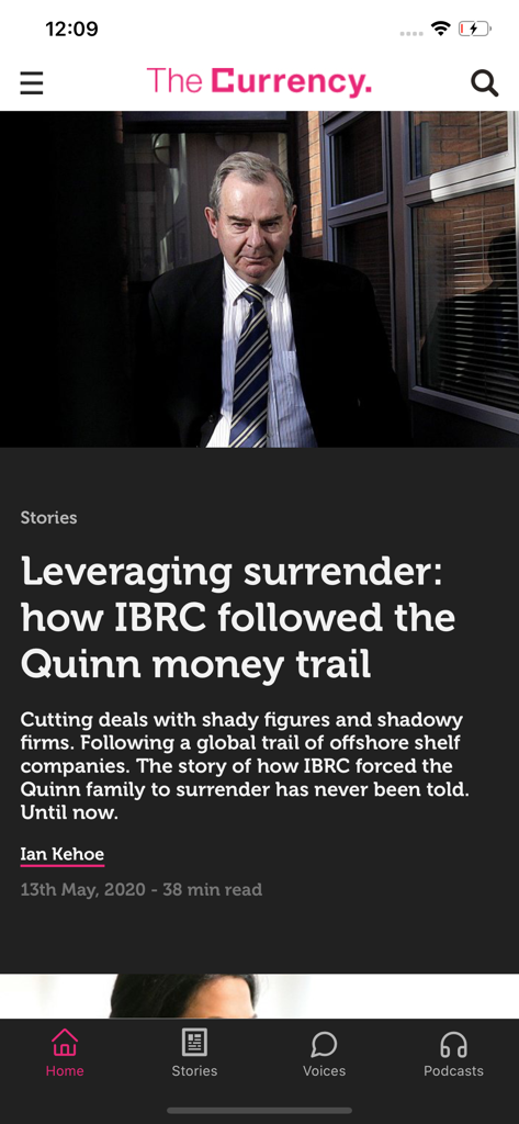 The Currency News - Interface do aplicativo The Currency News exibindo uma matéria investigativa de negócios