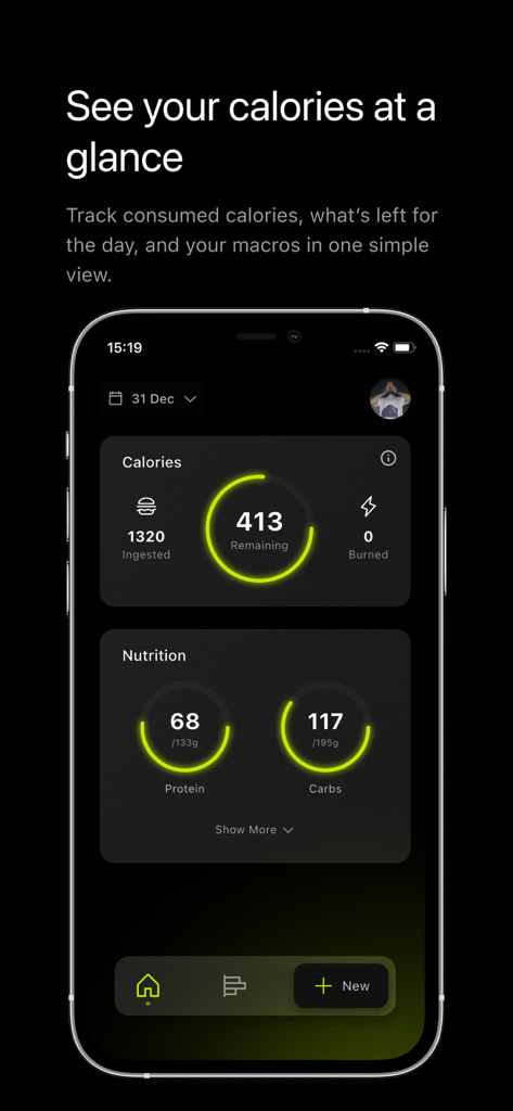 Trackie app dashboard showing daily calories remaining and macronutrient progress for protein and carbs.