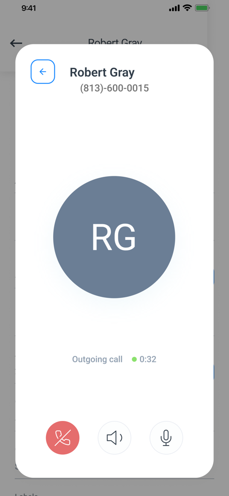 Smarter Contact - Smarter Contact outgoing call screen showing a call in progress with contact details and call controls