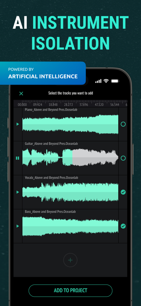 Sound Editor: Audio Changer - Mobile app interface showing AI instrument isolation with separate tracks for piano guitar vocals and bass