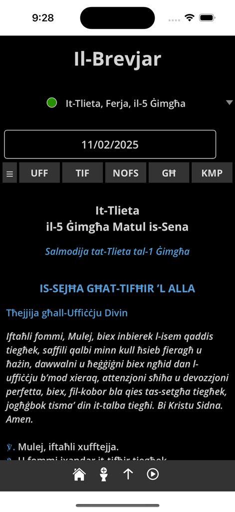 Il-Brevjar - Screenshot of the Il-Brevjar mobile app displaying the Liturgy of the Hours in Maltese.
