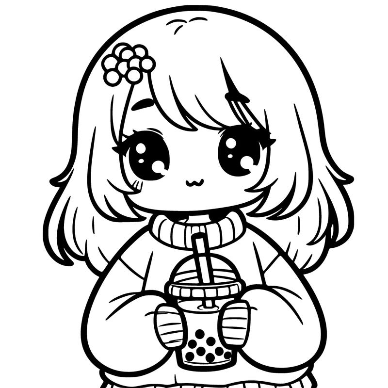 a little cute girl wearing a oversized sweater holding boba in her hand