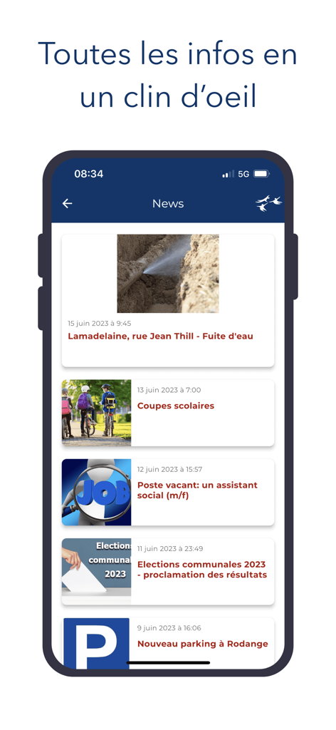 Pétange - Pétange city app news feed displaying local updates on water leaks, job vacancies, and municipal events