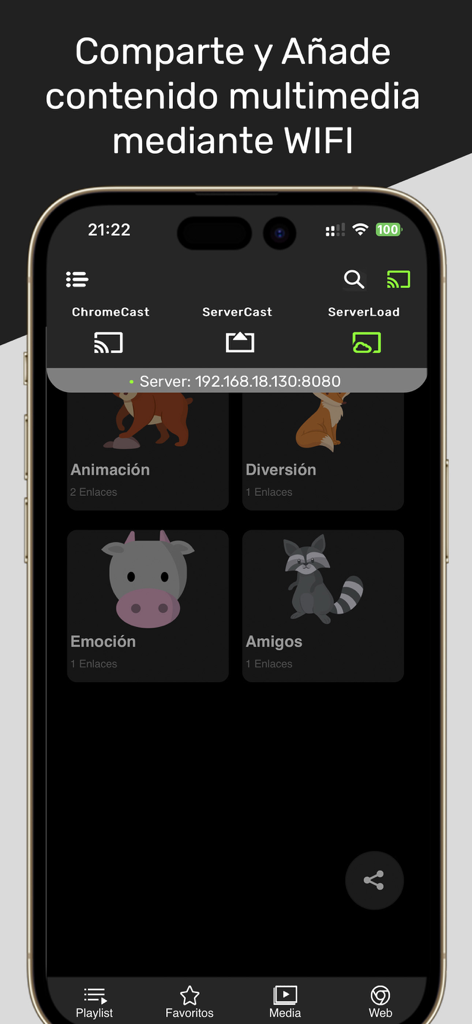 Whatplay: Reproductor IPTV - Interface of Whatplay app showing options to share and add multimedia content via Wi-Fi and casting