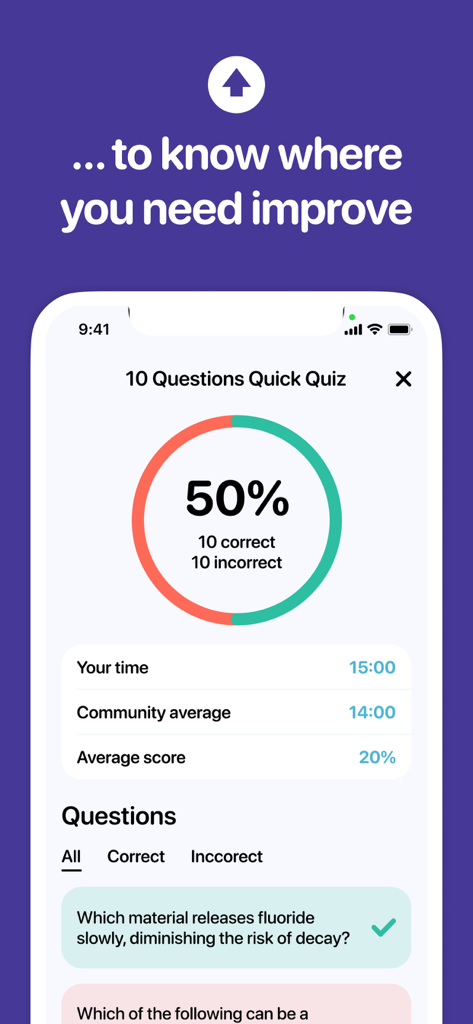 DANB CDA Practice Test - Detailed quiz results showing score statistics and community average in the DANB CDA practice test app