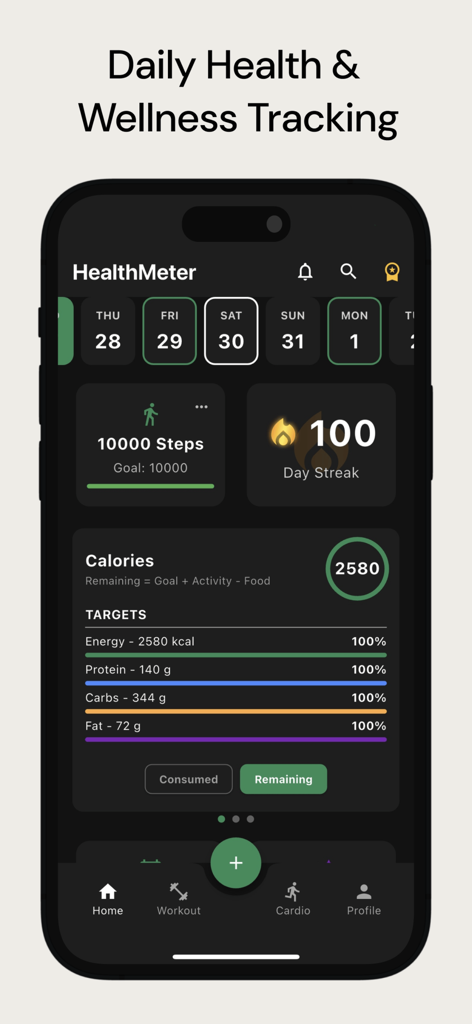 HealthMeter - Interfaz de la aplicación HealthMeter que muestra el seguimiento diario de la salud con metas de pasos y calorías y objetivos de macronutrientes