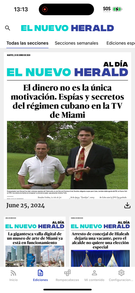 Edición digital de la app El Nuevo Herald que muestra titulares de noticias locales de Miami en español.