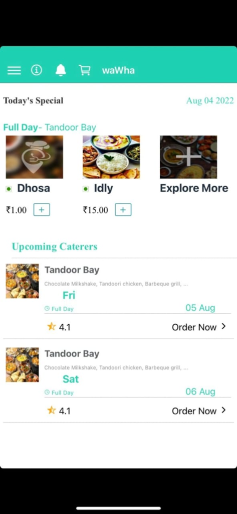 waWha - Interface do aplicativo waWha exibindo os itens especiais do menu de hoje e os próximos fornecedores para um refeitório de escritório.