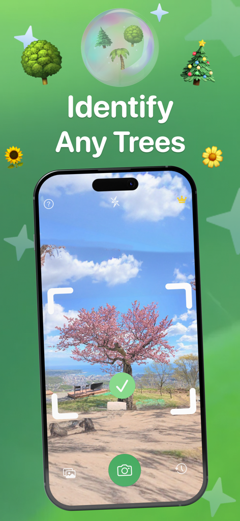 Interfaz de la aplicación Identificador de Árboles en la pantalla de un iPhone identificando un árbol con flores rosas