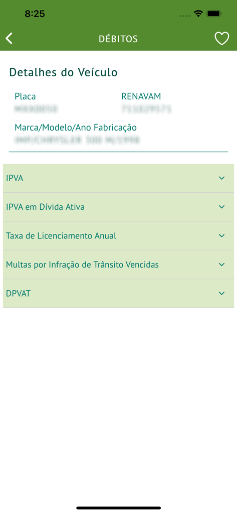 IPVA RS - IPVA RS mobile app interface displaying vehicle details and categories for taxes traffic fines and licensing fees