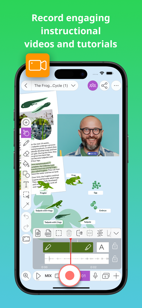 Explain Everything Whiteboard - A mobile interface showing the recording of an instructional video on a digital whiteboard