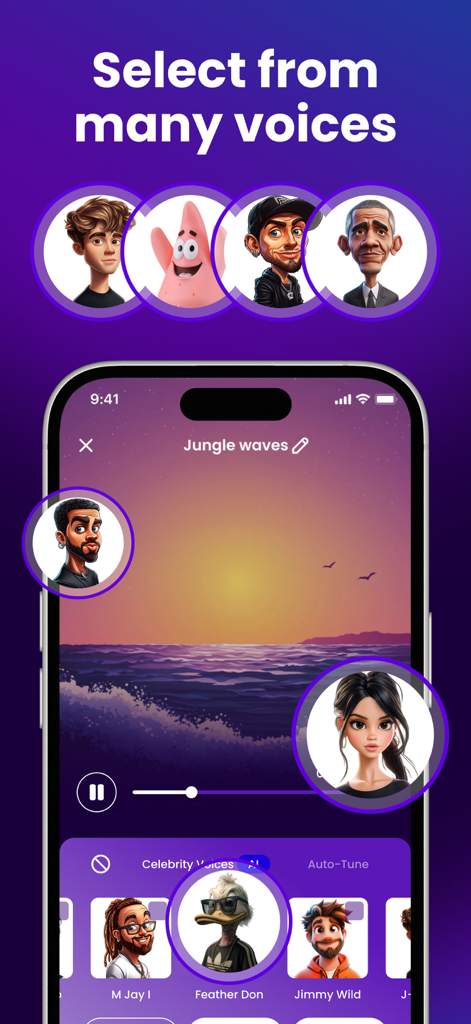 Magic AI Voice Changer - Magic AI Voice Changer app interface showing a selection of celebrity and cartoon character voices for audio recording