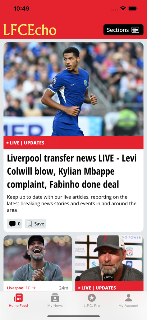 Interfaz de la aplicación LFC Echo mostrando noticias de fichajes en vivo del Liverpool y las últimas actualizaciones