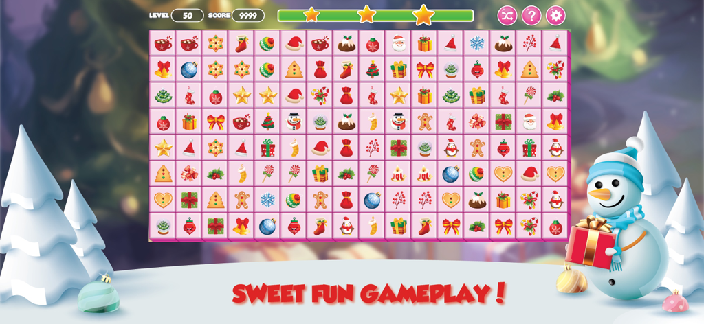 Christmas Connect: Xmas Games - Nivel de juego de puzzle de combinaciones Christmas Connect con iconos festivos y muñeco de nieve