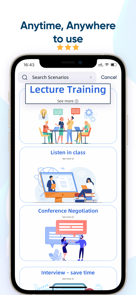 Mobile screen of iRecord app showing recording and transcription use cases for students and professionals