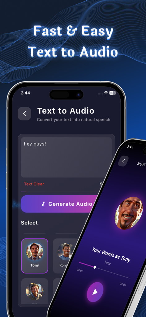 AI voice changer app interface showing text to speech conversion with different character voice profiles
