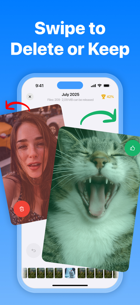 CleanX: Photo Storage Cleaner - Interfaz de la aplicación móvil CleanX que muestra la función de deslizar para eliminar o conservar para organizar el almacenamiento de la galería de fotos