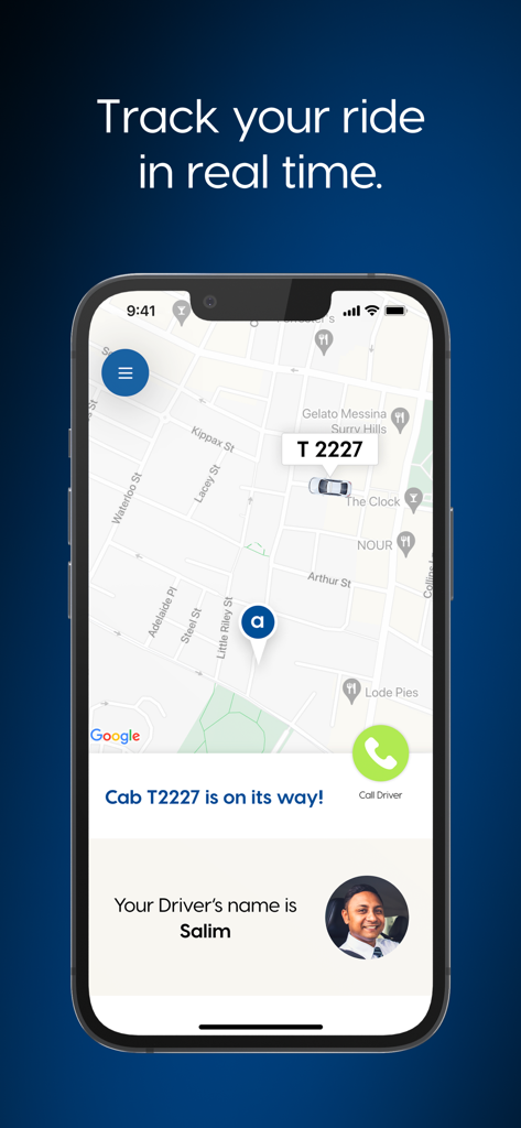 Mobile screen showing real-time taxi tracking on a map with driver details and contact options.