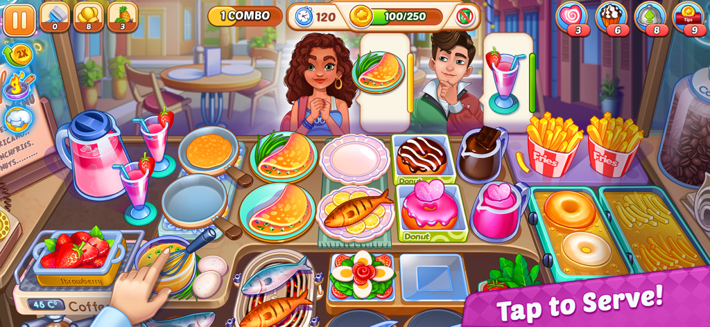 Pantalla de juego de My Cafe Shop mostrando artículos de comida y clientes